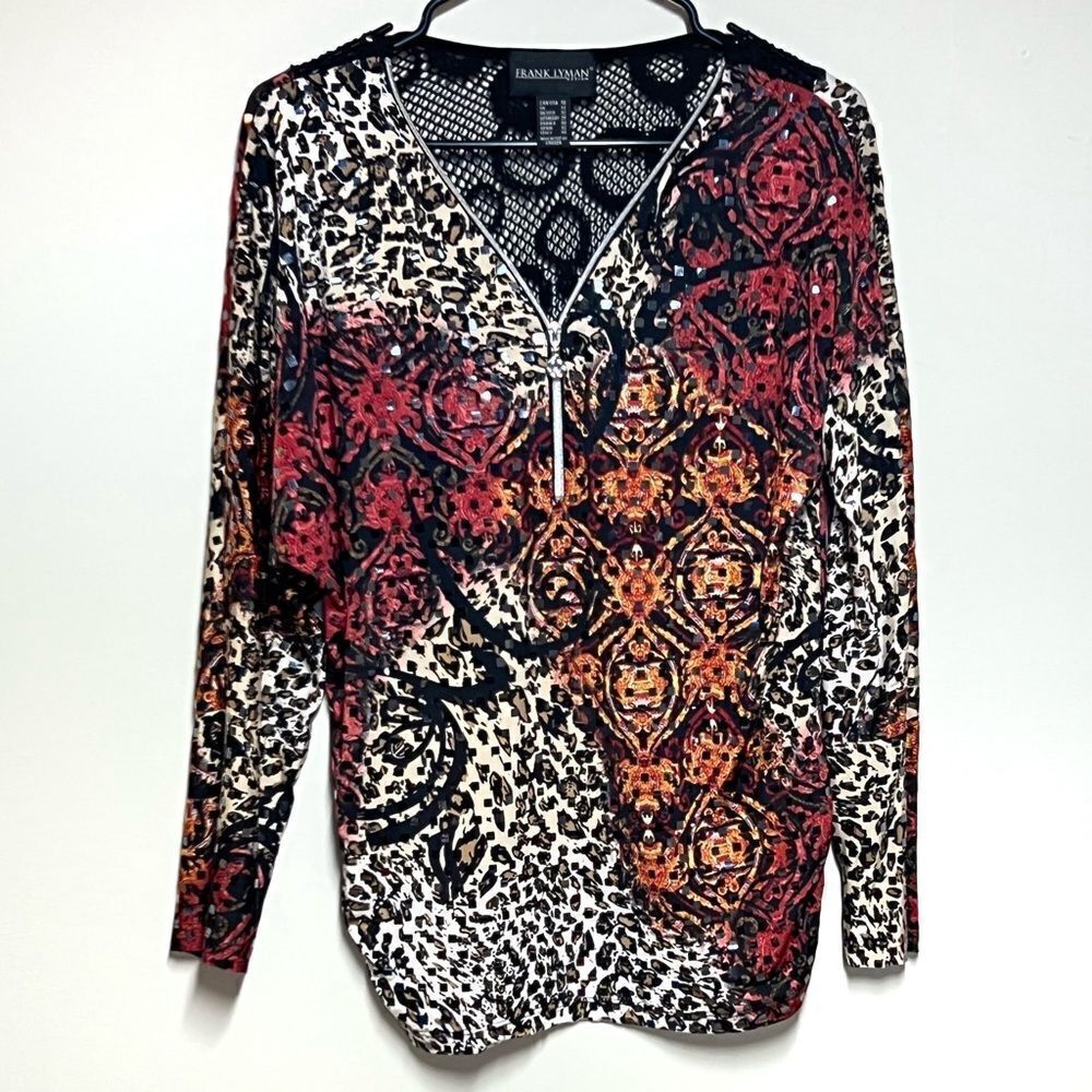 Frank Lyman Gorgeous Multi Color Embellished Jersey Stretch Top Sz 10